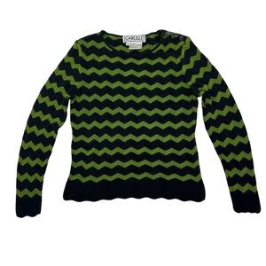 Carlisle Green & Navy Chevron Print Silk Blend Sweater Scalloped Size Small